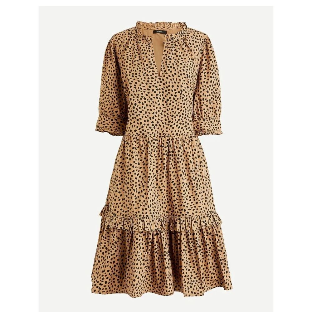 J. Crew Ruffleneck Tiered Popover Dress in Leopard Dot Size Medium